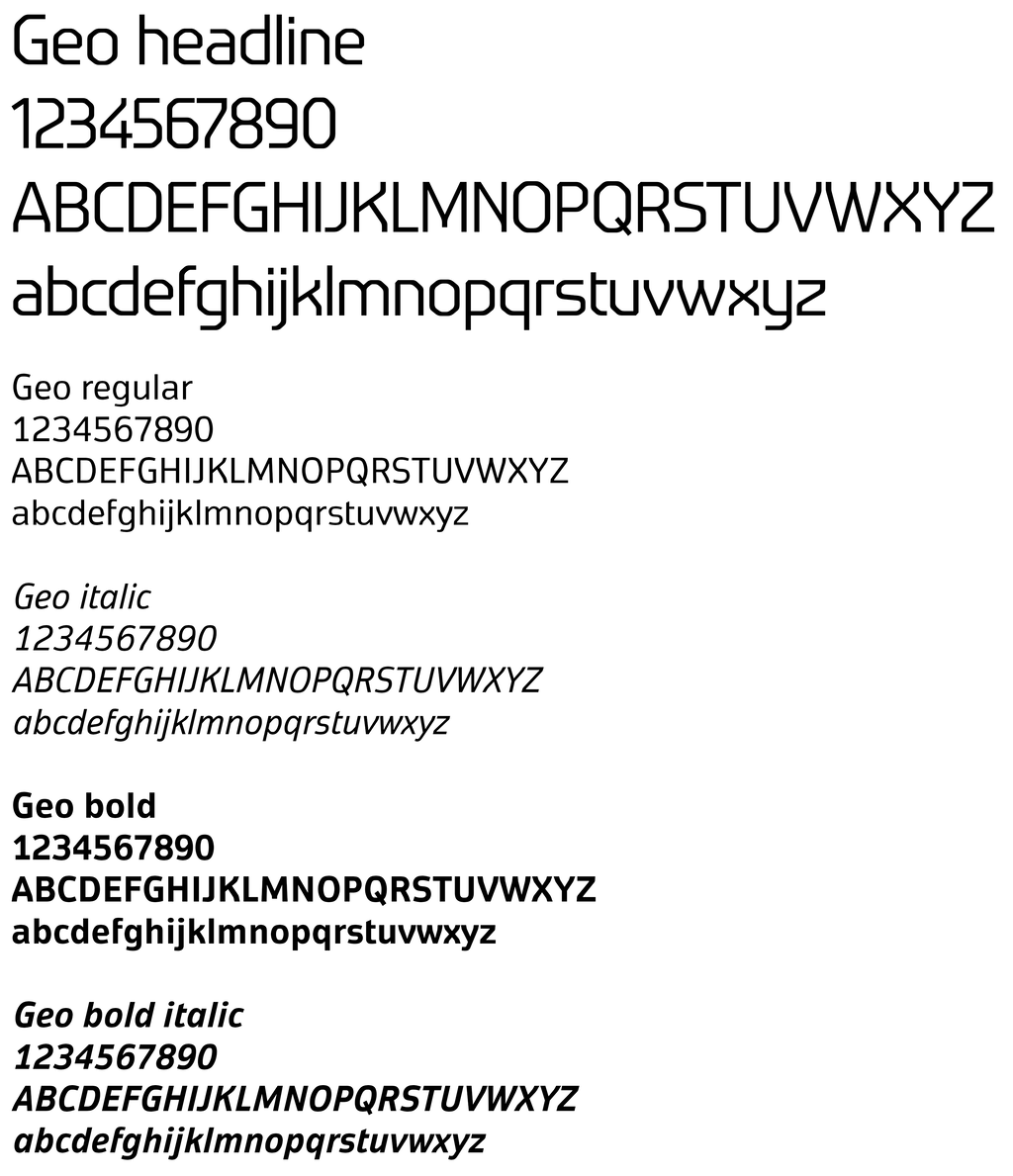 Examples of the Geo typeface in a variety of sizes and weights.
